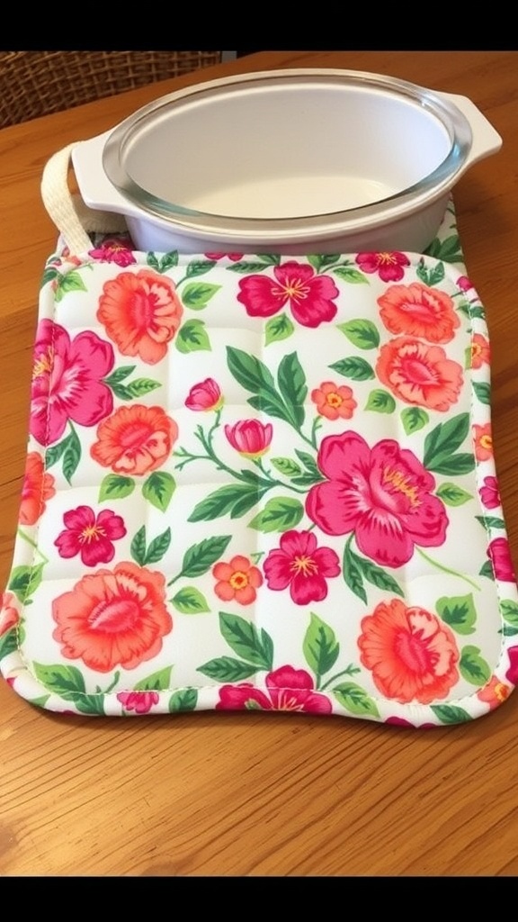 A colorful floral pot holder on a wooden table next to a casserole dish.